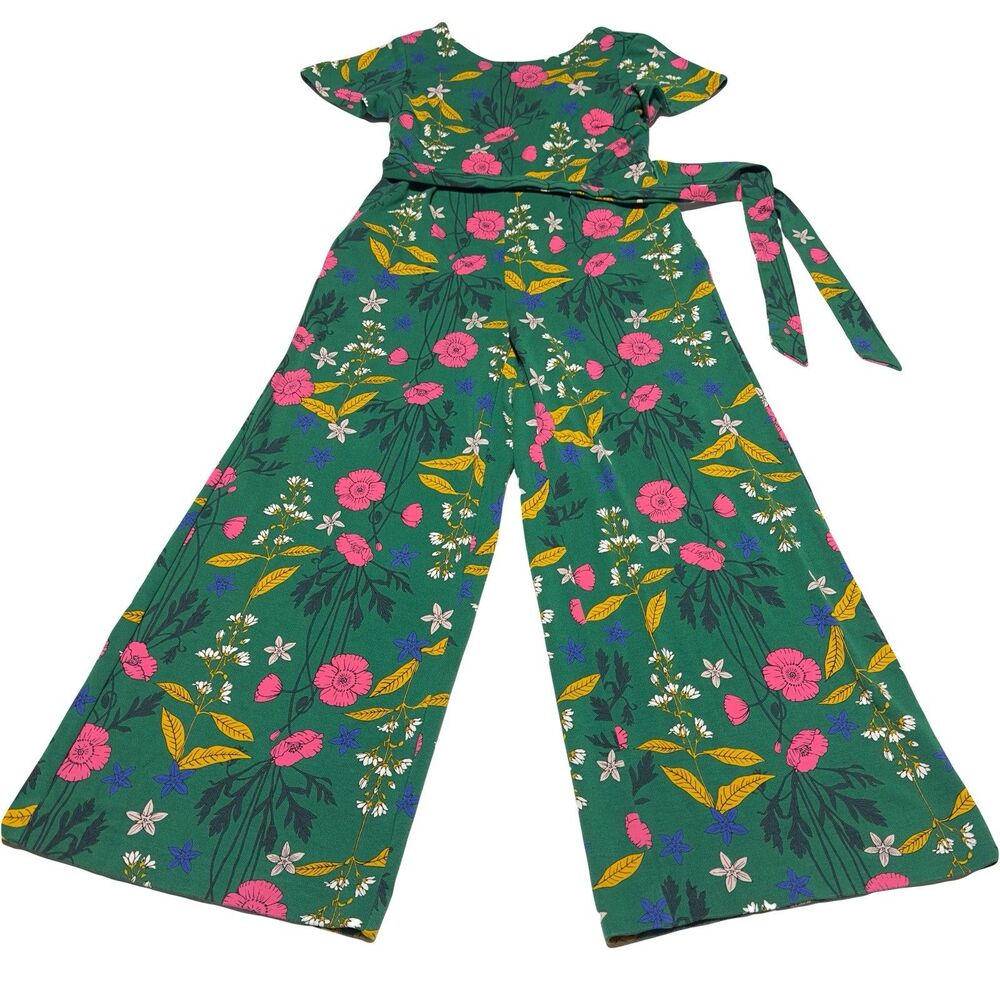 Boden Floral Camille Belted Jumpsuit Green Wide Leg size US 2 P Petite READ